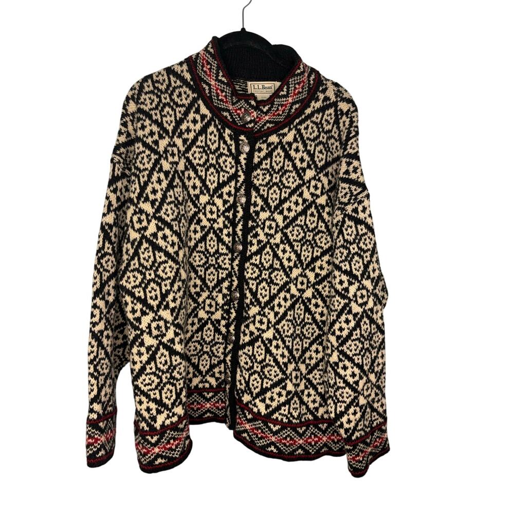 L.L. Bean Wool Blend Button Fair Isle Cardigan Women's Size XL Black Cream Red